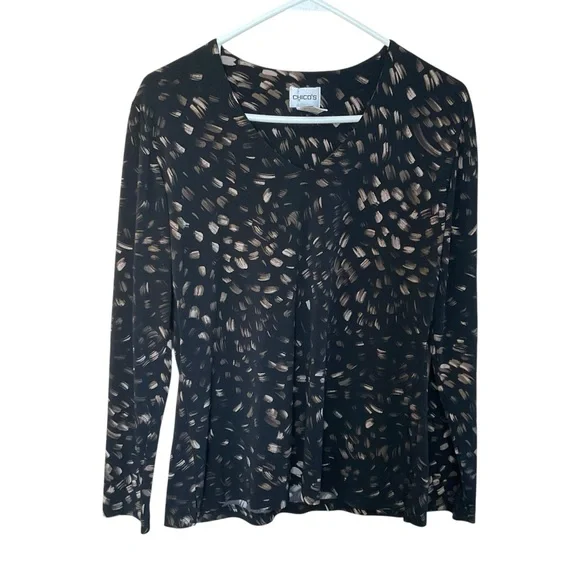 Chico’s Size 1 Black Abstract Print Long Sleeve V-Neck Stretch Top - Picture 4 of 10